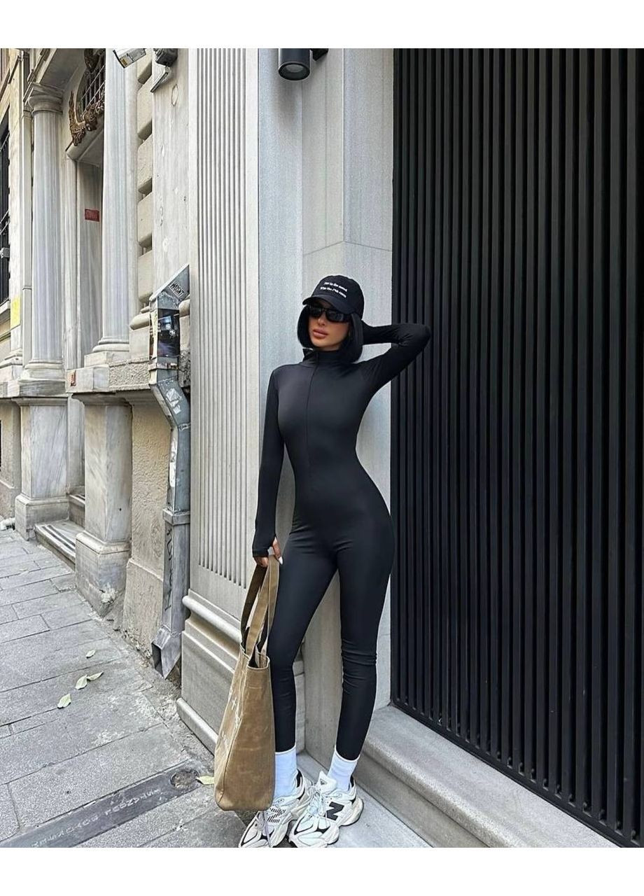 Женский комбинезон No Brand комбинезон-брюки однотонный чёрный спортивный, повседневный, кэжуал дайвинг, флис