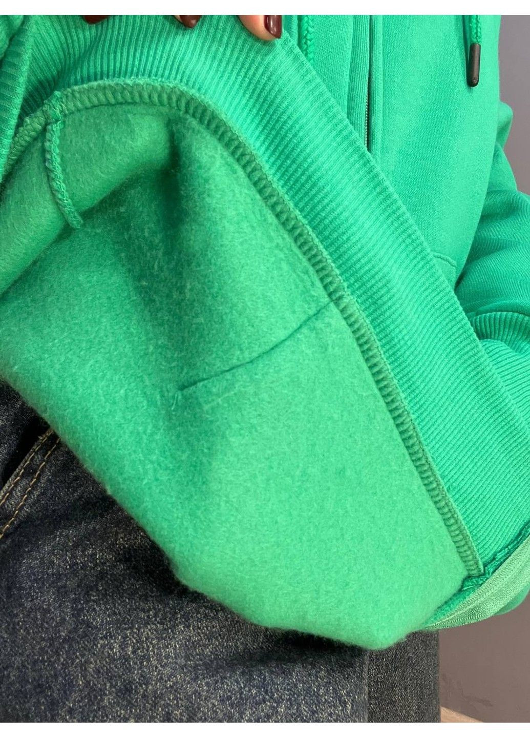 Зелений худі жіноче 482 світшот подовжений на блискавці капюшон базовий оверсайз фліс утеплений Quzen (303283173)