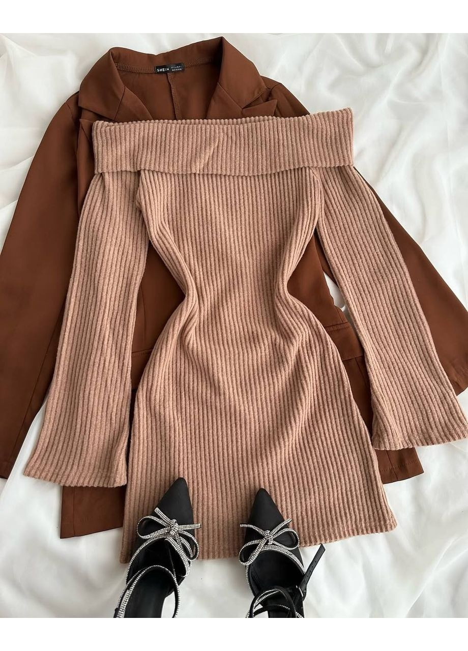 Бежевое праздничный платье из плотной ангоры в длине мини — замеры в описании с открытыми плечами DK/DL Мода без кордонів однотонное