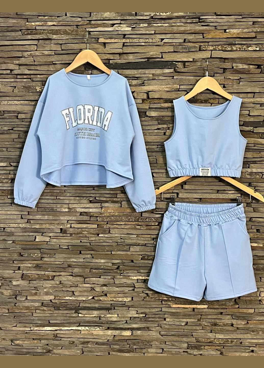 Блакитний літній літній костюм з кроп-топ для дівчинки блакитний 127208 трійка No Brand