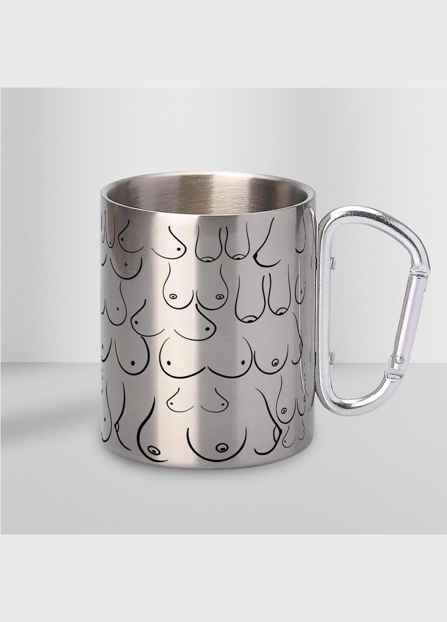 Чашка металева з принтом "Цицькомен" 300 мл з карабіном, срібляста No Brand (324262616)
