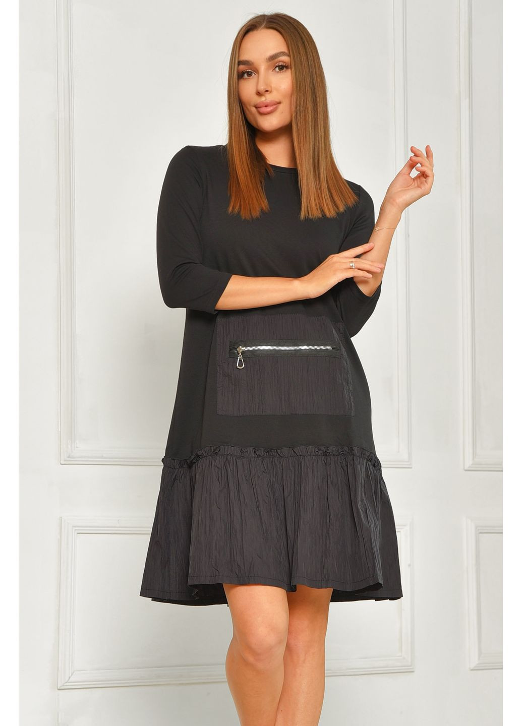 Черное джинсовое платье женское черного цвета а-силуэт Let's Shop однотонное