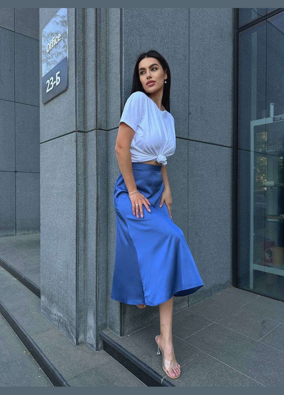 Синяя вечерний однотонная женская шелковая юбка меди синего цвета 33190 No Brand