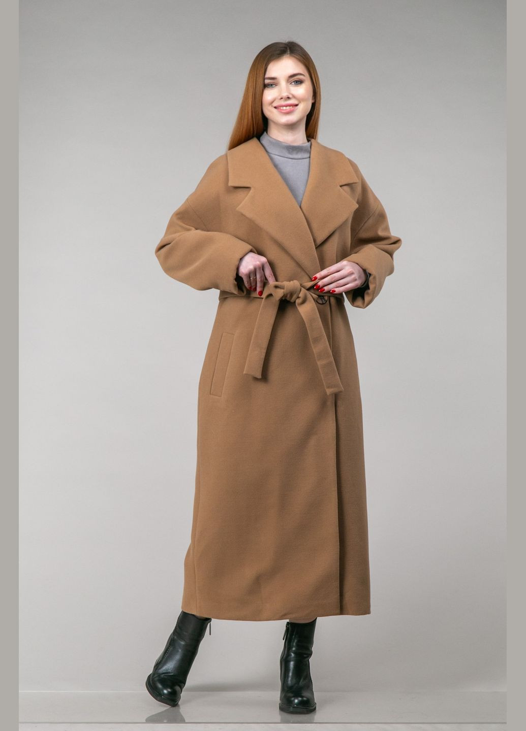 Коричневое зимнее Длинное классическое пальто из кашемира двубортное CHICLY