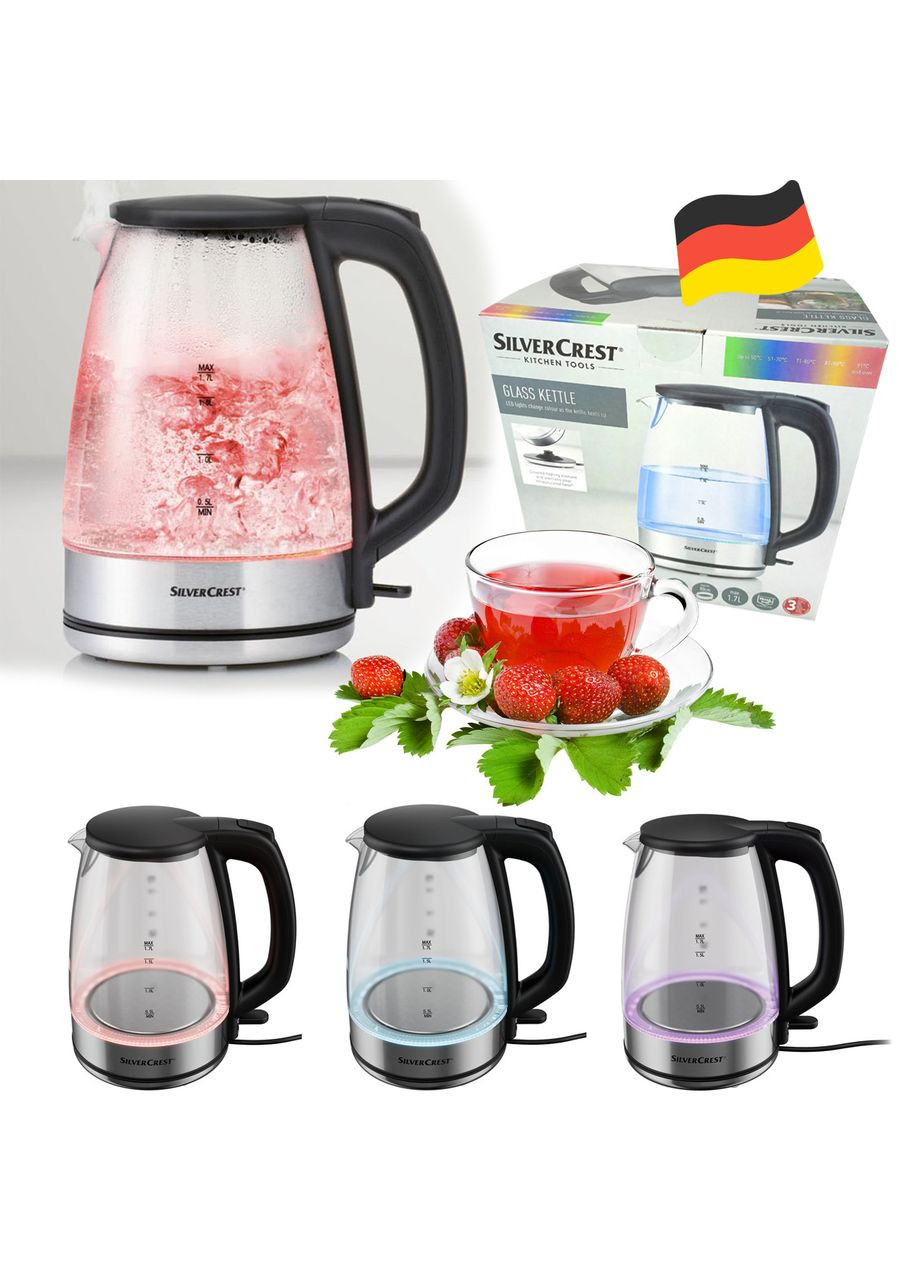 Скляний електрочайник з різнобарвною підсвіткою SilverCrest SWGF 3000 C1 (STRIX, 1.7 л, 3000 Вт, Німеччина) Silver Crest (369609534)