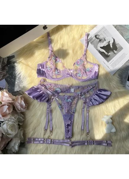 Фиолетовый демисезонный кружевной комплект с поясом. женский комплект с вышивкой и сеточкой. нижнее белье прозрачное No Brand