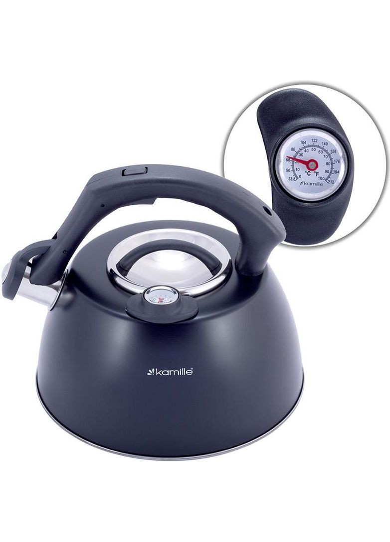 Чайник Whistling Kettle Thermo 3л из нержавеющей стали со свистком и термометром, черный Kamille (372174161)