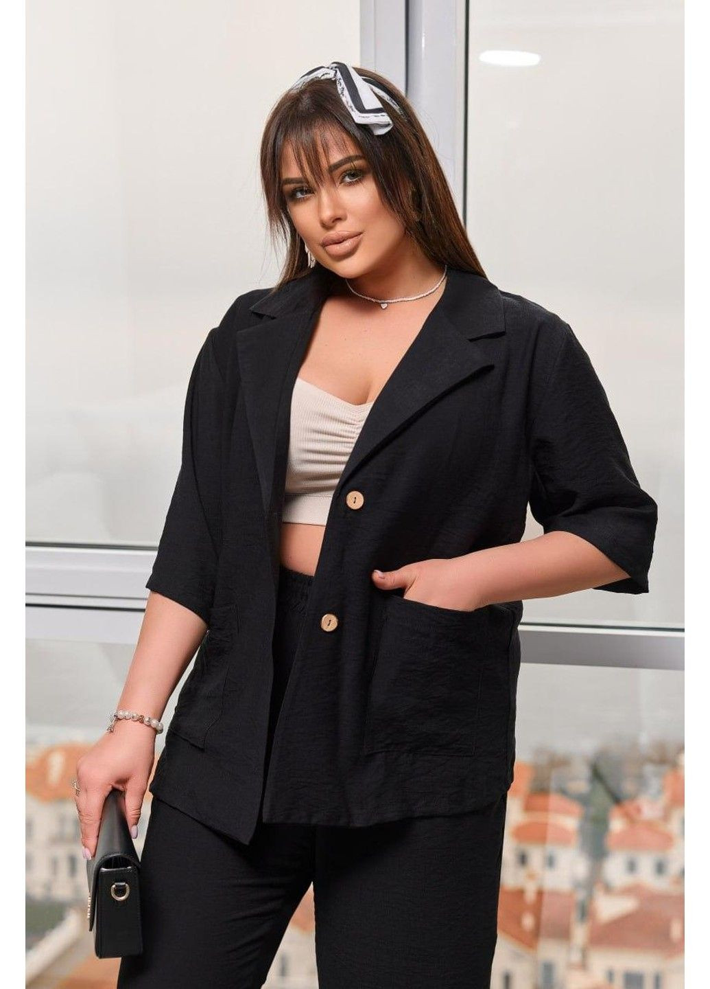 Костюм діловий, двійка, з жакетом о має короткий рукав, вільний крій мод БЛЗ-493, чорний, розмір 60-62 No Brand (355469686)