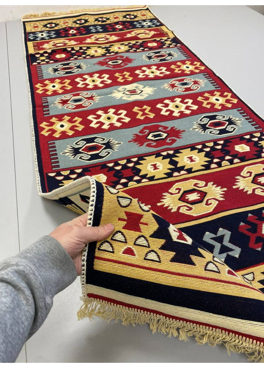 Плетений бавовняний килим Shana Karde 80Х200 см. Бордовий з блакитним. No Brand (366376733)