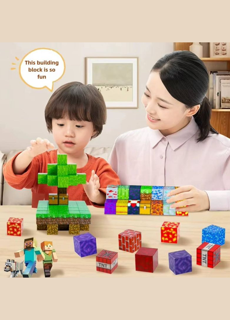 Дитячий ігровий магнітний конструктор LZCK 053 Майнкрафт на 57 кубика та з фігурками Fun Game (338851438)