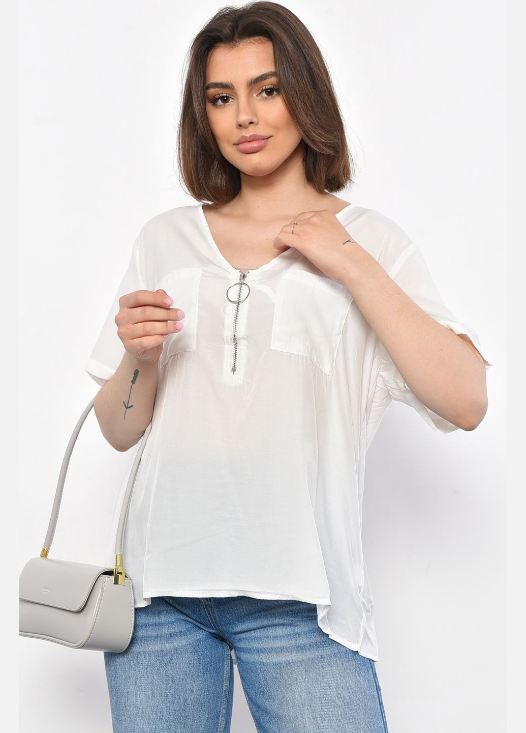 Белая блуза женская с коротким рукавом белого цвета с баской Let's Shop