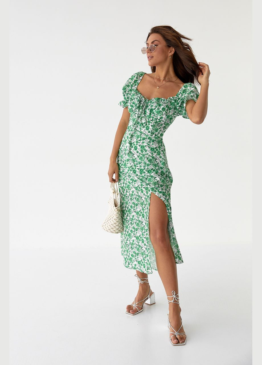 Зелена повсякденний квіткова сукня міді з розрізом 2266 Lurex з квітковим принтом