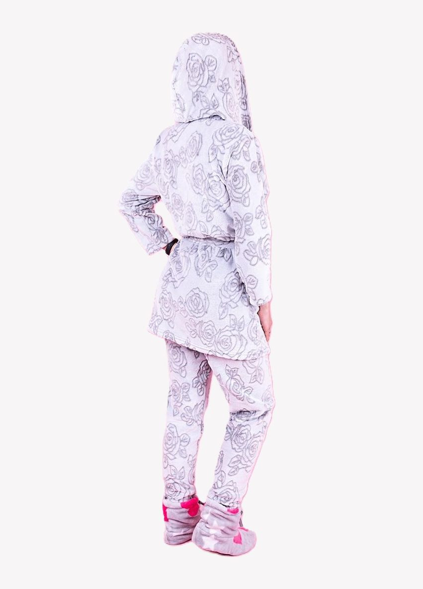 Серая всесезон женский домашний комплект с капюшоном (халат+штаны) Україна