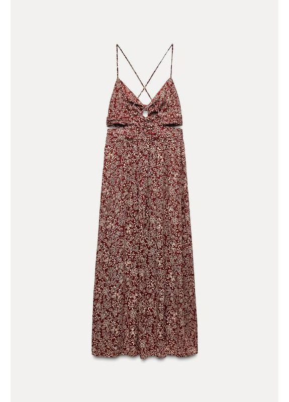 Бордова сукня міді з принтом і вирізами Zara
