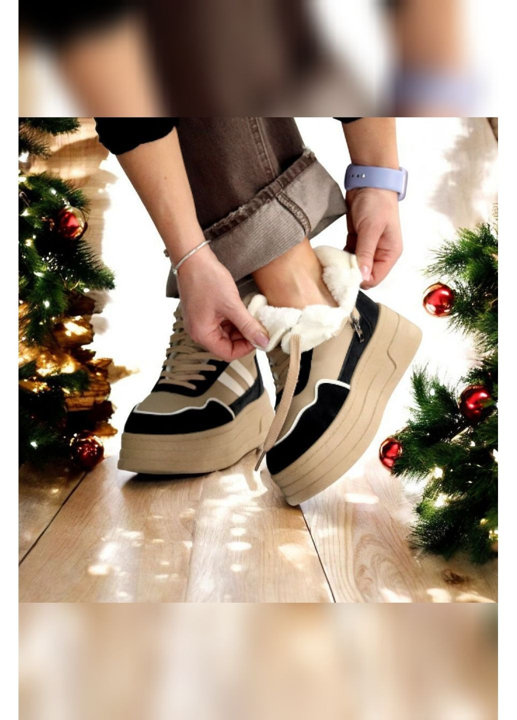 Жіночі зимові хайтопи мокко беж теплі високі кросівки з хутром на масивній підошві з блискавкою Viki Кросівки темно-бежеві зими (370271907)