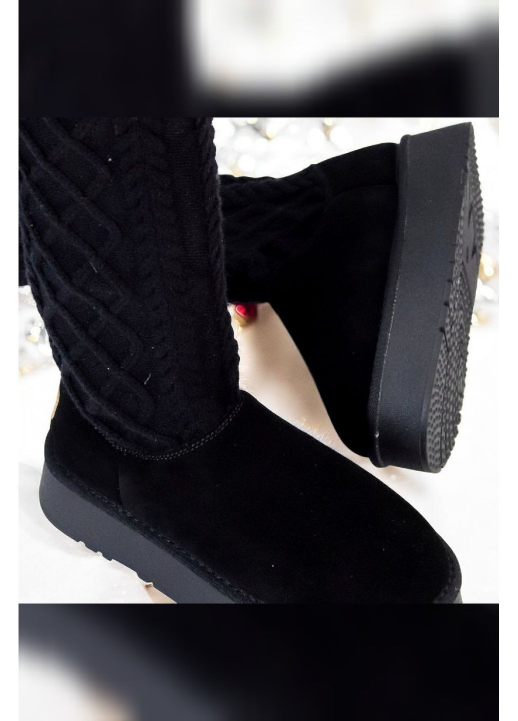 Жіночі чорні замшеві зимові з вязаним високим чулком на товстій підошві Hengji уггі (371629444)