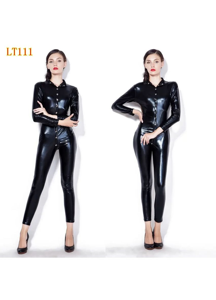 Черный демисезонный сексуальный, обжатый комбинезон из латекса на кнопках. черный женский латексный комбинезон на кнопках. No Brand