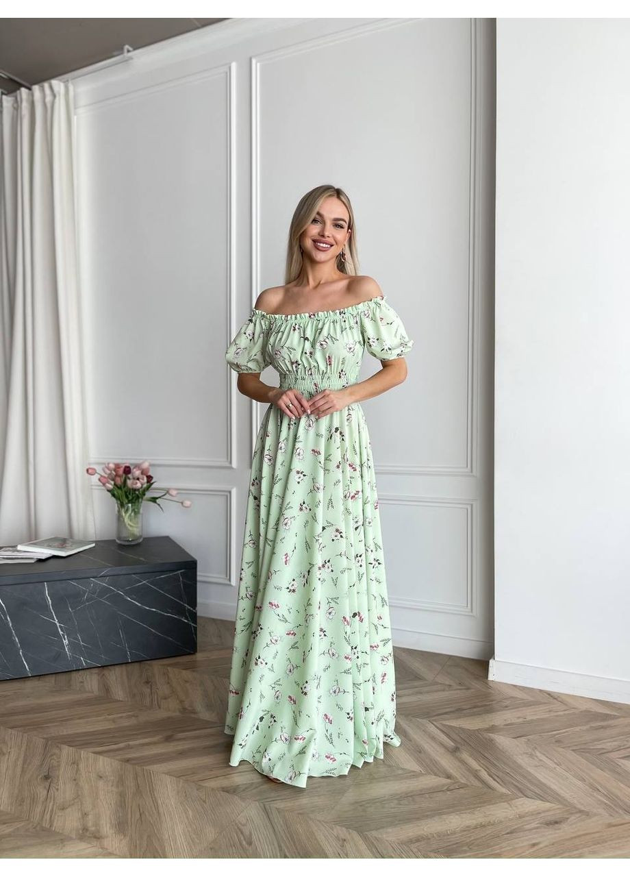 Фісташкова святковий, повсякденний, вечірня, пляжна, кежуал жіноча довга сукня з відкритими плечима Vakko з квітковим принтом