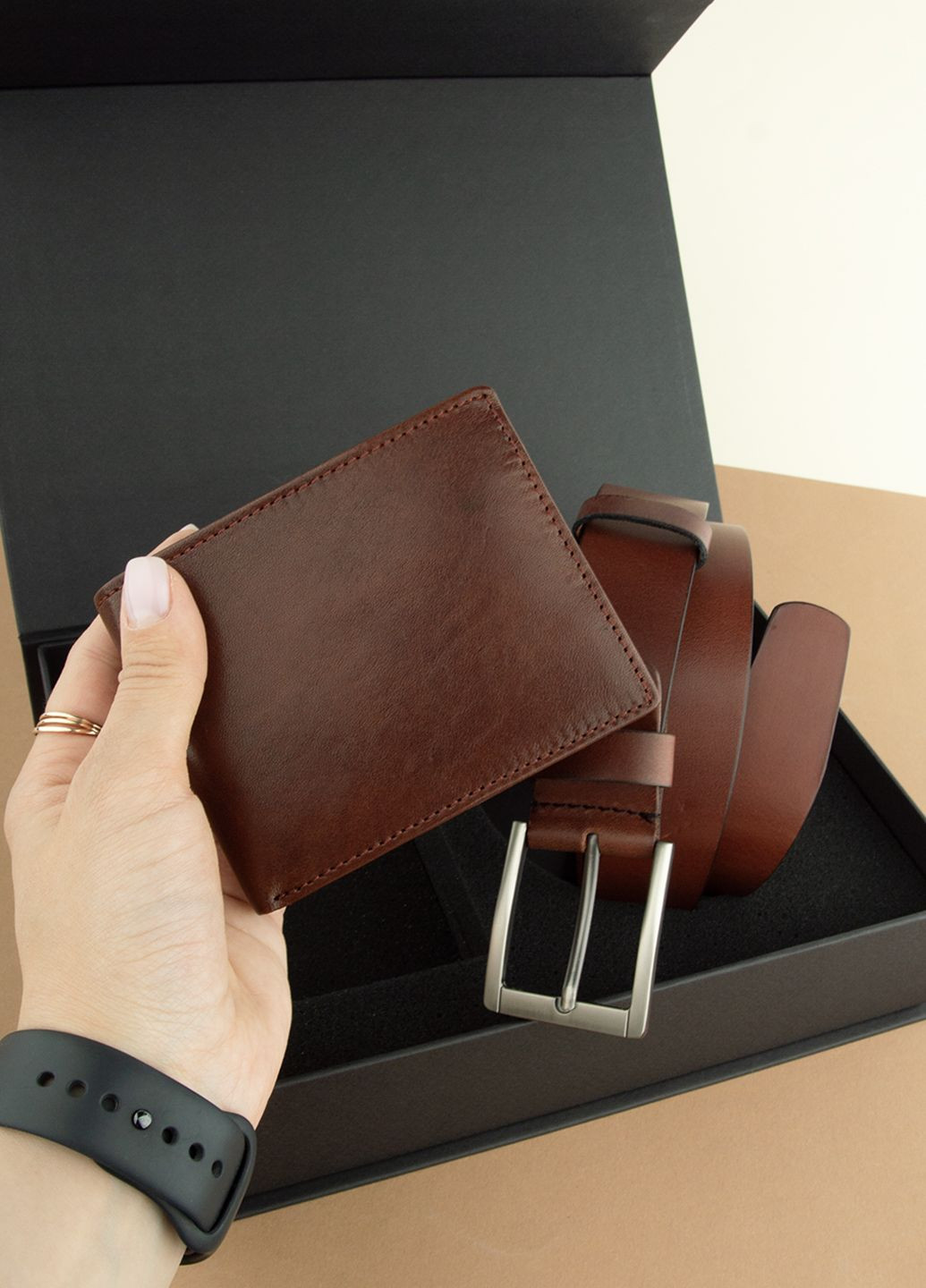 Подарунковий чоловічий набір 2511 (портмоне та ремінь) коричневий в коробці HandyCover (328925274)