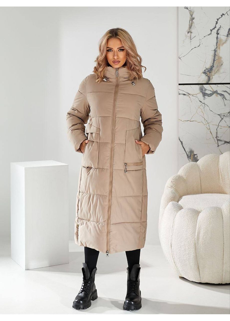 Бежеве зимнє Пальто куртка жіноча довга зимова з капюшоном No Brand