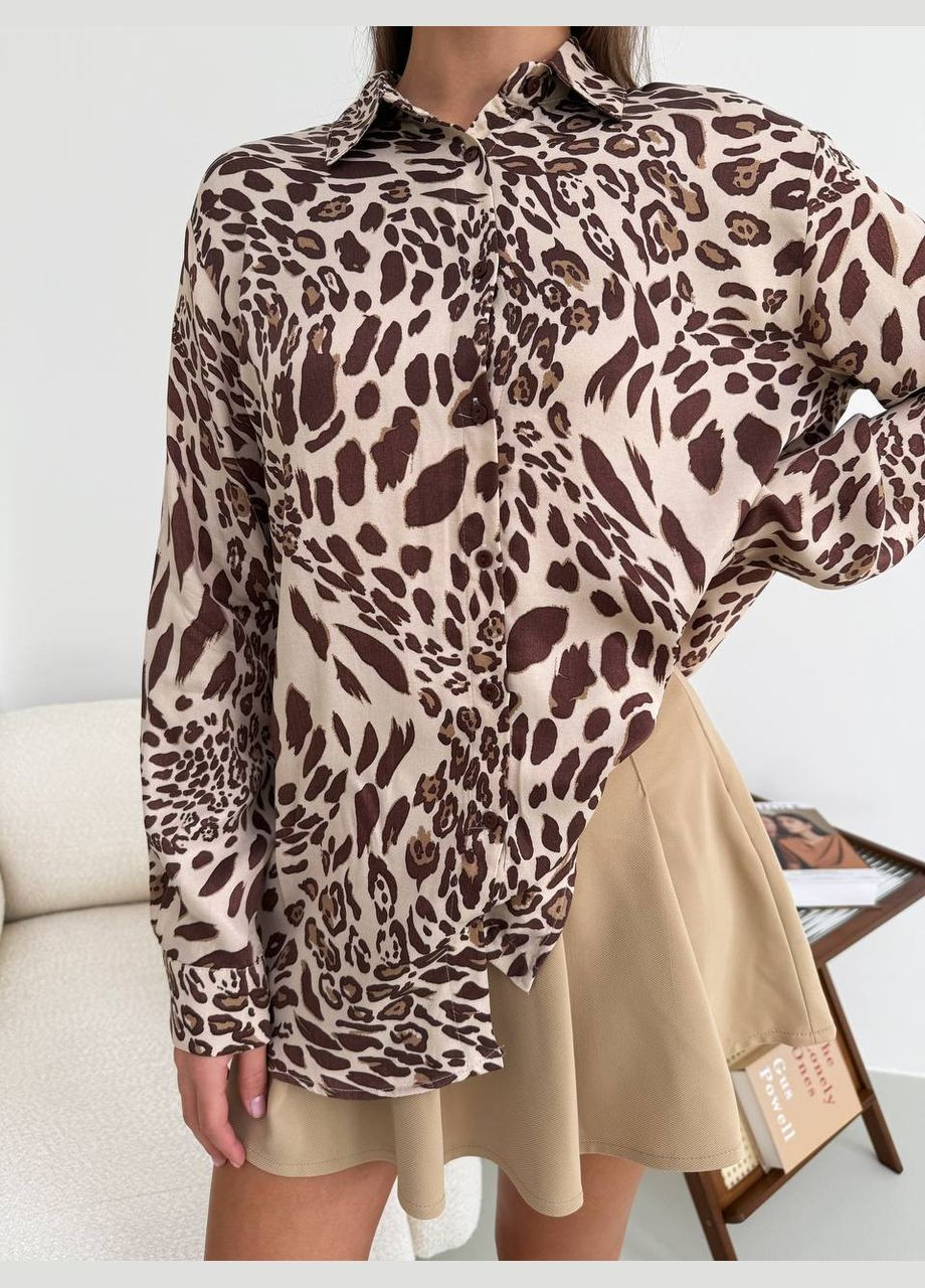 Бежевая праздничный, коктейльный, карнавальный, кэжуал, вечерний рубашка леопардовый No Brand с длинным рукавом