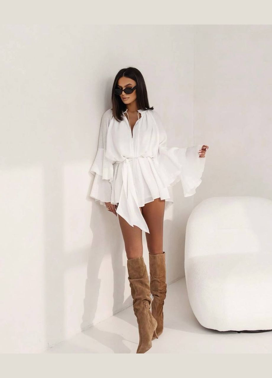 Молочна кежуал сукня міні вільного крою з воланами на рукавах MonCher