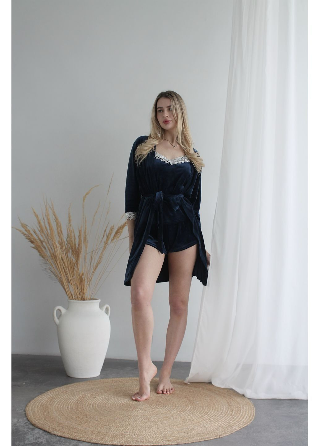 Синий демисезонный бархатный комплект халат + шорты + майка Vakko