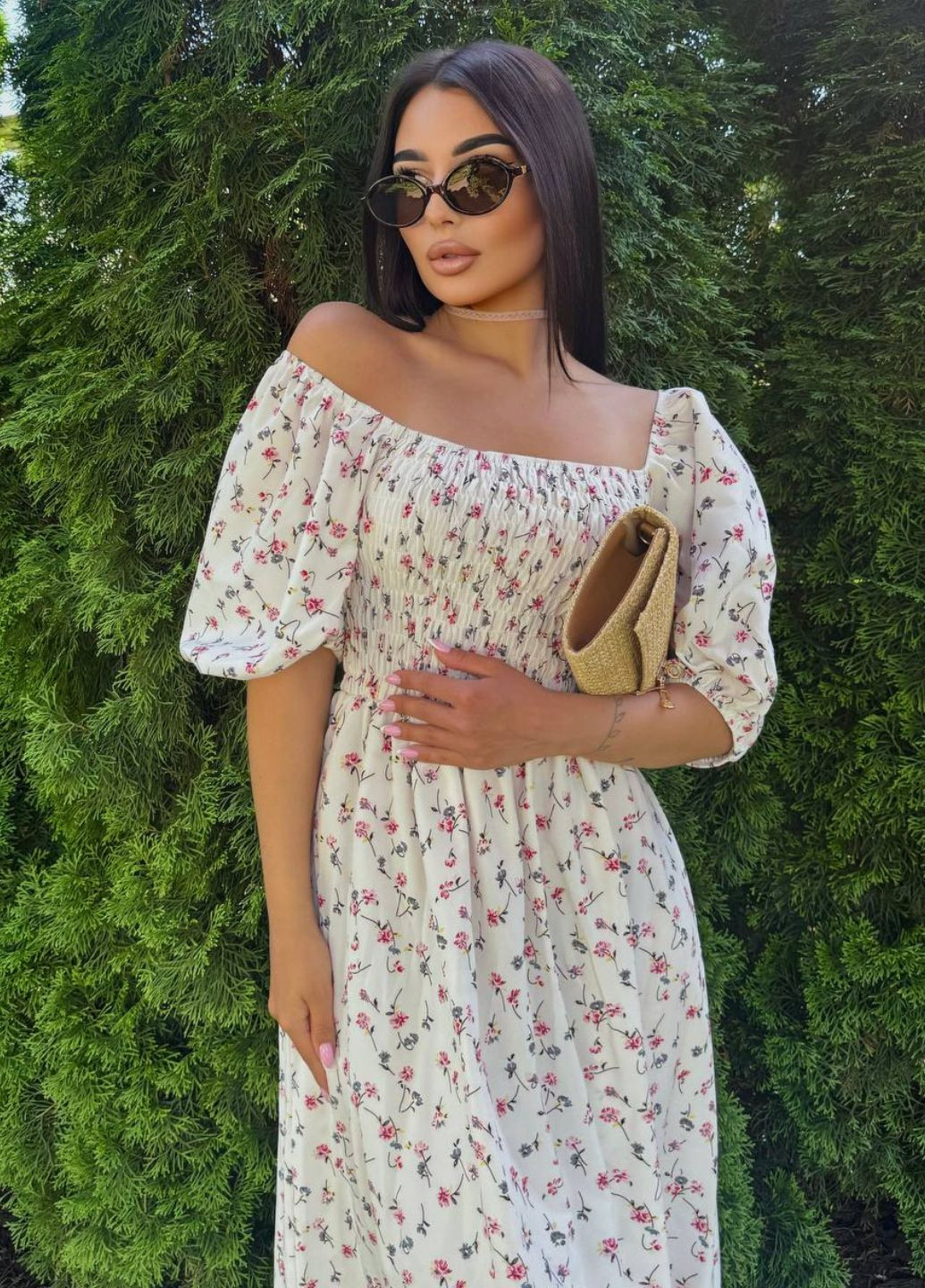 Молочна повсякденний вишукана легка літня максі сукня з квітковим візерунком та рукавами ліхтарик до ліктя Tik-Tak з квітковим принтом