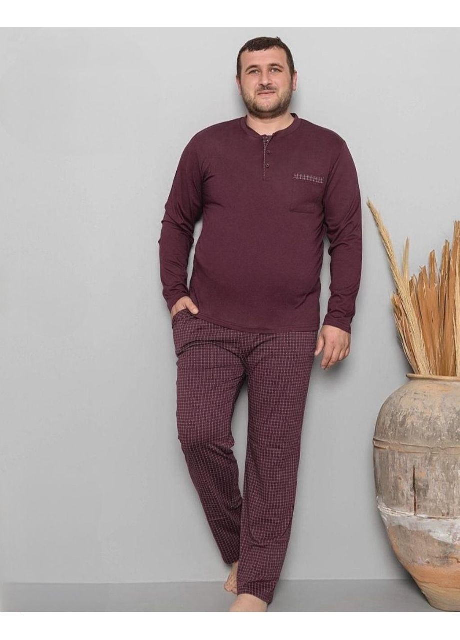 Чоловіча бавовняна піжама "Cameron Premium" батал лонгслів та штани в клітину бургунді Pijamoni (370569426)