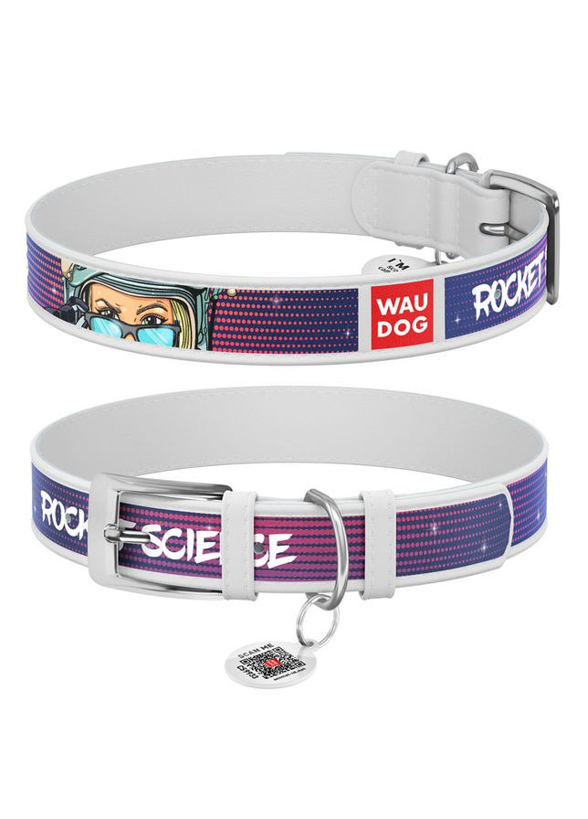 Ошейник для собак кожаный WAUDOG Design с QR паспортом, рисунок "Космос. Ракетостроение",, Ш 35 мм, Дл 44-58 см No Brand (363200662)