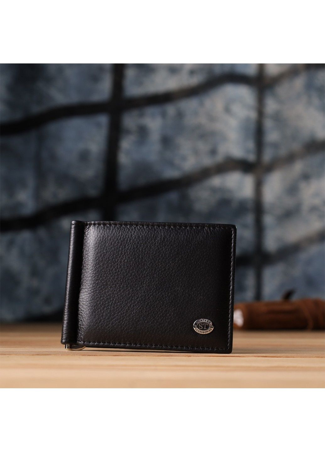 Мужской кошелек с металлическим зажимом из натуральной кожи 23092 Черный st leather (330359595)