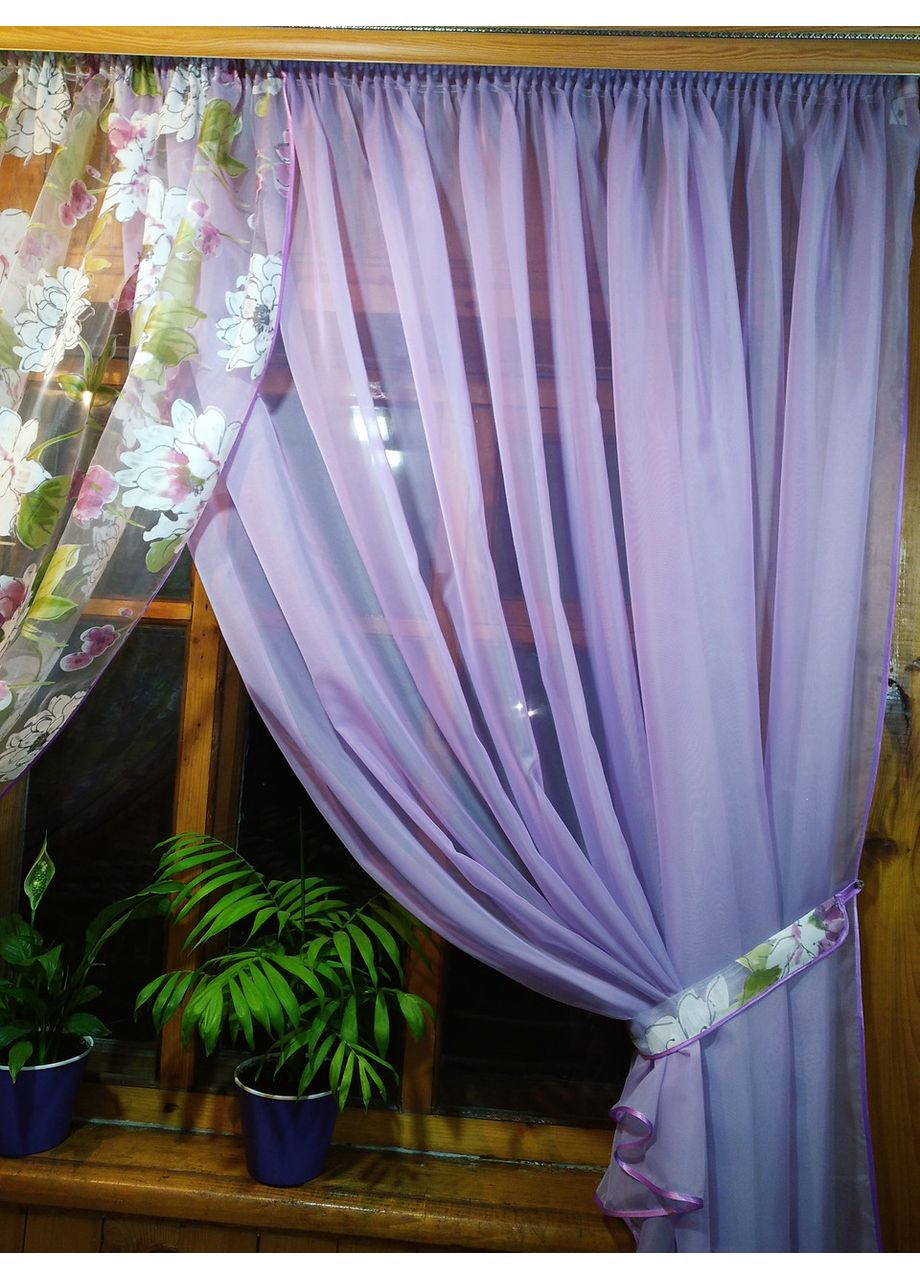 Занавеска готовая короткая Вероника сирень сиреневый цветок No Brand (372133942)
