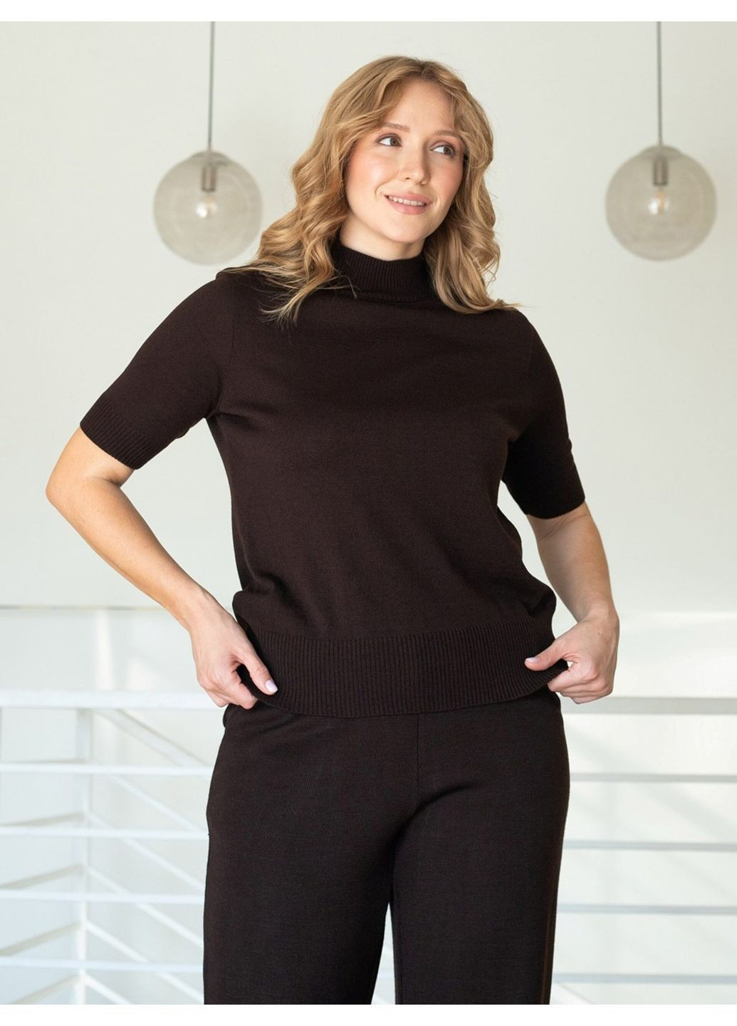 Коричневый летний базовый однотонный женский джемпер с коротким рукавом (dzhemper-n2114-24) Nita