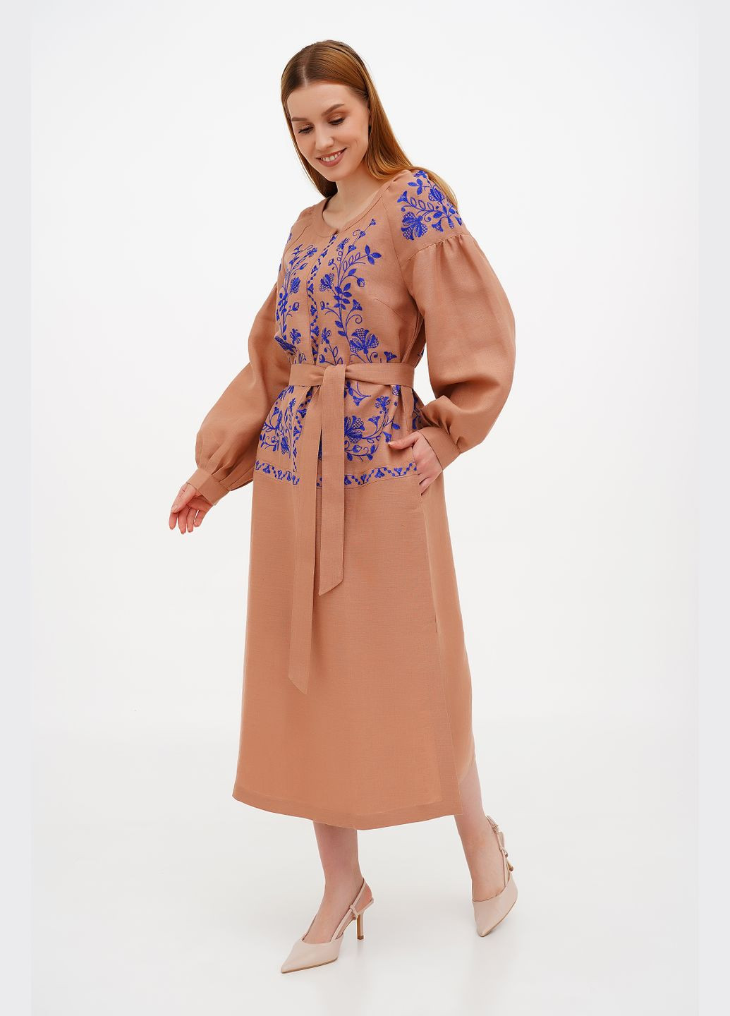 Бежева максі сукня-вишиванка з льону з об'ємним рукавом та квітковим орнаментом любисток., р., код 0336/44/744 ГАЛЕРЕЯ ЛЬОНУ