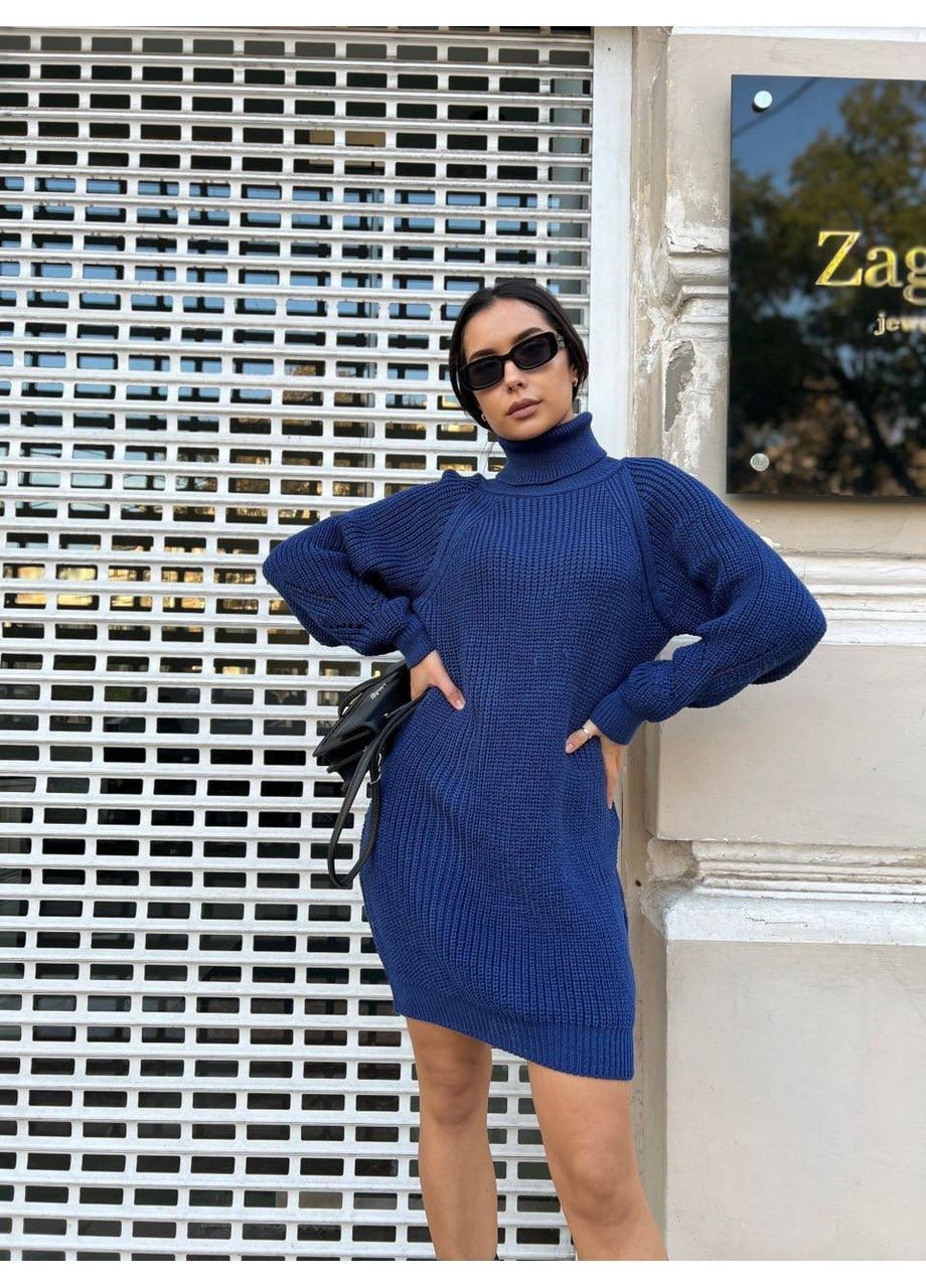 Синя повсякденний, кежуал жіноча в’язана сукня з горловиною No Brand однотонна