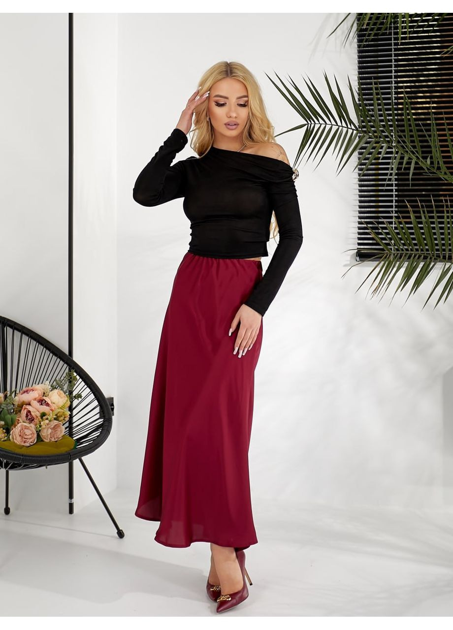 Бордовая праздничный, коктейльный, повседневная, вечерний, офисная, кэжуал однотонная женская шелковая юбка No Brand клешированная