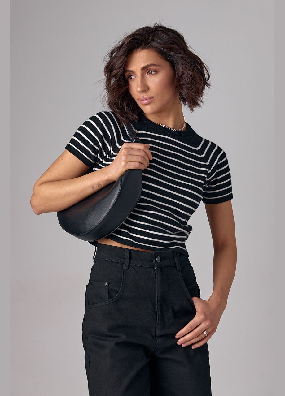 Черная летняя укороченная женская футболка в полоску 654322 с коротким рукавом Lurex