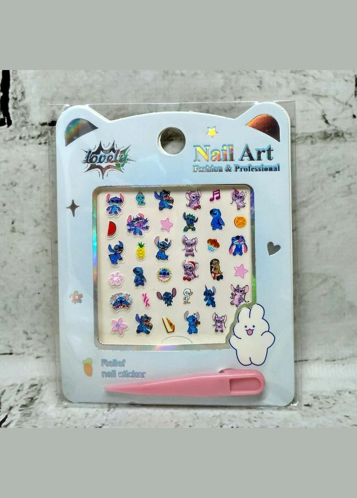 Наклейки для нігтів дитячі дизайн манікюру Стіч рельєфні 6х6 см No Brand (325701457)