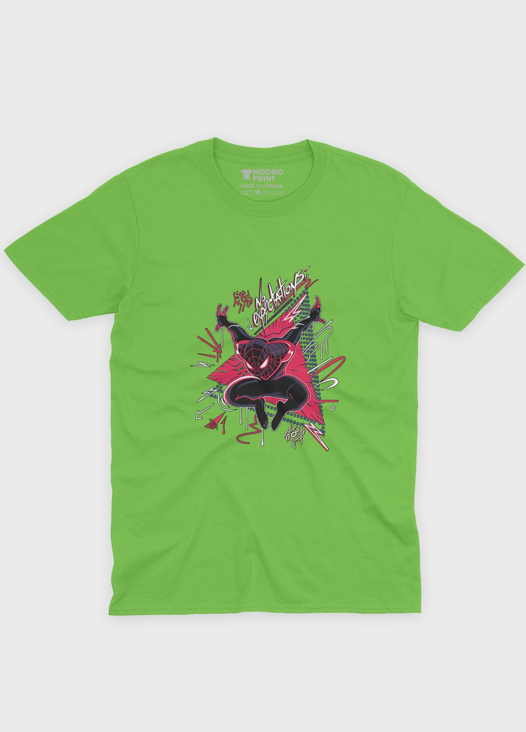 Салатова демісезонна футболка для хлопчика з принтом супергероя - людина-павук (ts001-1-kiw-006-014-049-b) Modno