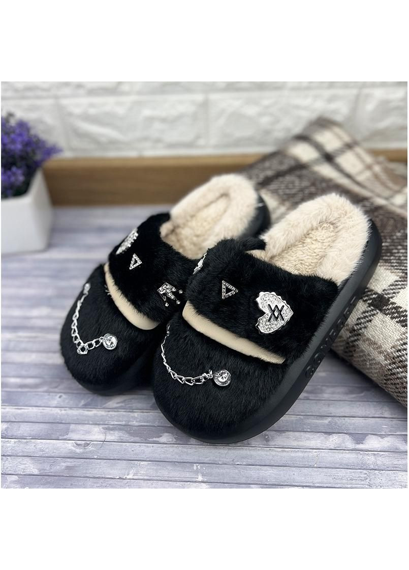 Черные жiночi домашнi тапочки на платформi з джибiтсами е-005156-2 чорнi Sanlin