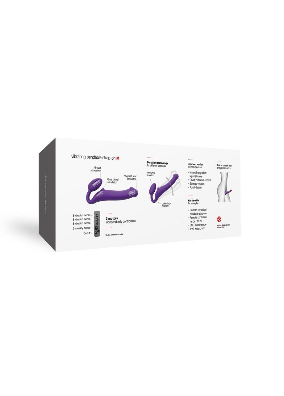 Безремінний страпон з вібрацією Strap-On-Me Vibrating Violet M, діаметр 3,8 см, пульт ДК, регульований No Brand (366877659)