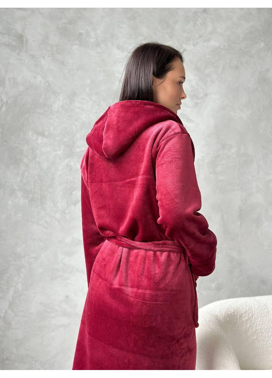 Жіночий халат бордо з капюшоном, м’який велюр, теплий домашній / Жіночий теплий халат, плюшевий, з кишенями та поясом No Brand (369137868)