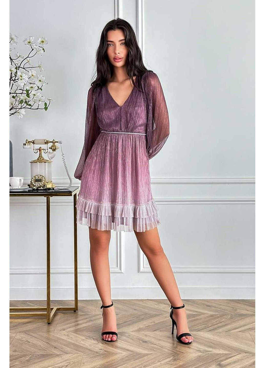 Розовое коктейльное платье сетка гофре 24024 розовая Tanita-Romario