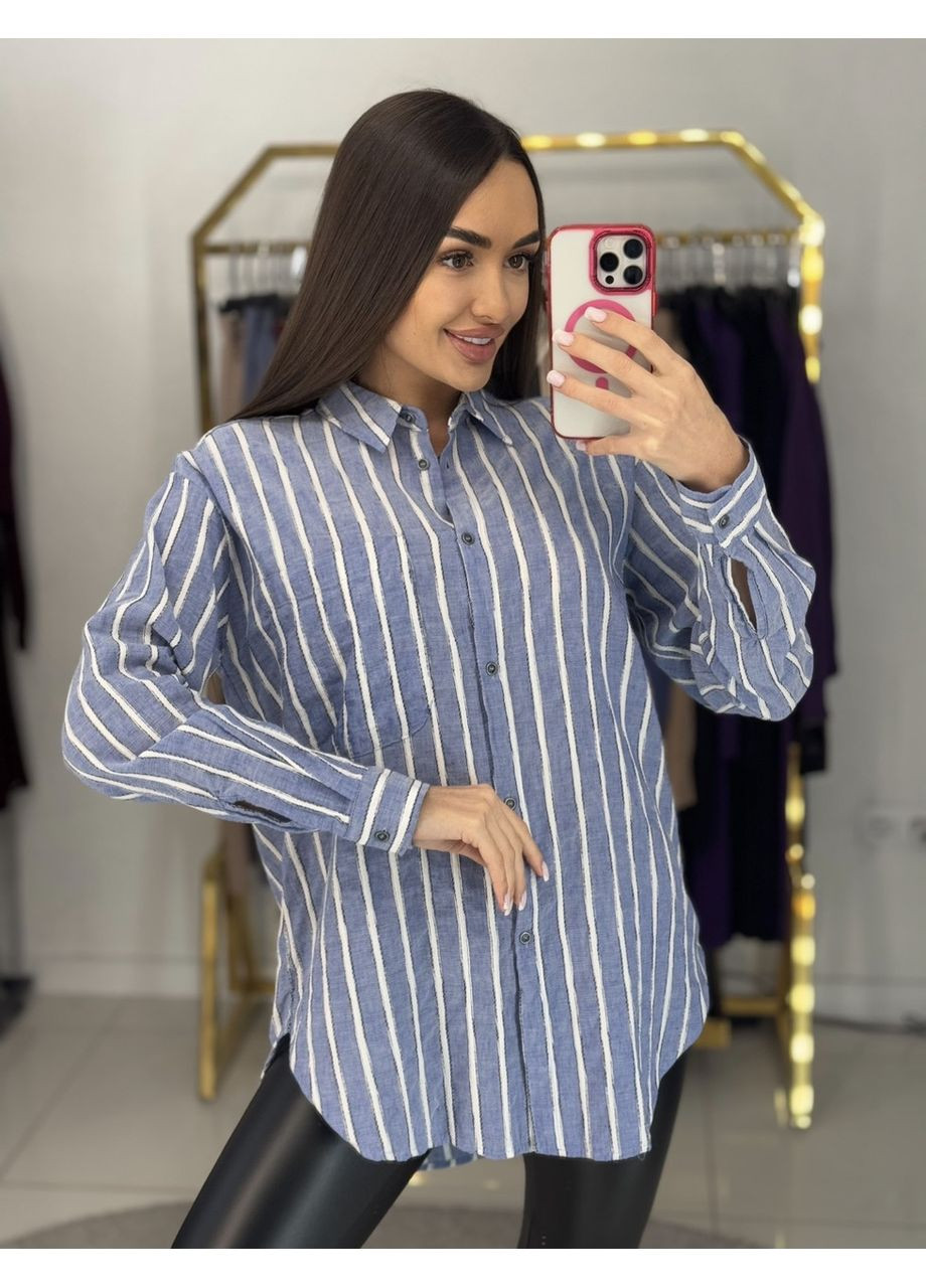 Голубая рубашка женская лён в полоску на пуговицах с длинным рукавом s голубая No Brand