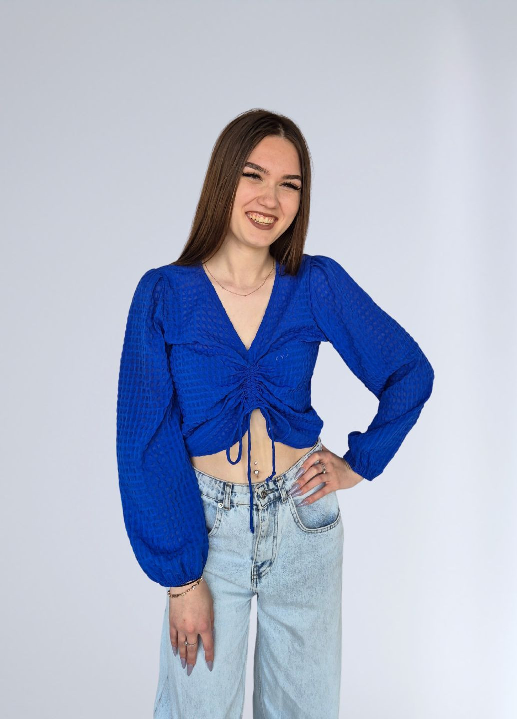 Топ жіночий з довгими рукавами стягується спереду Синій Only (334305379)