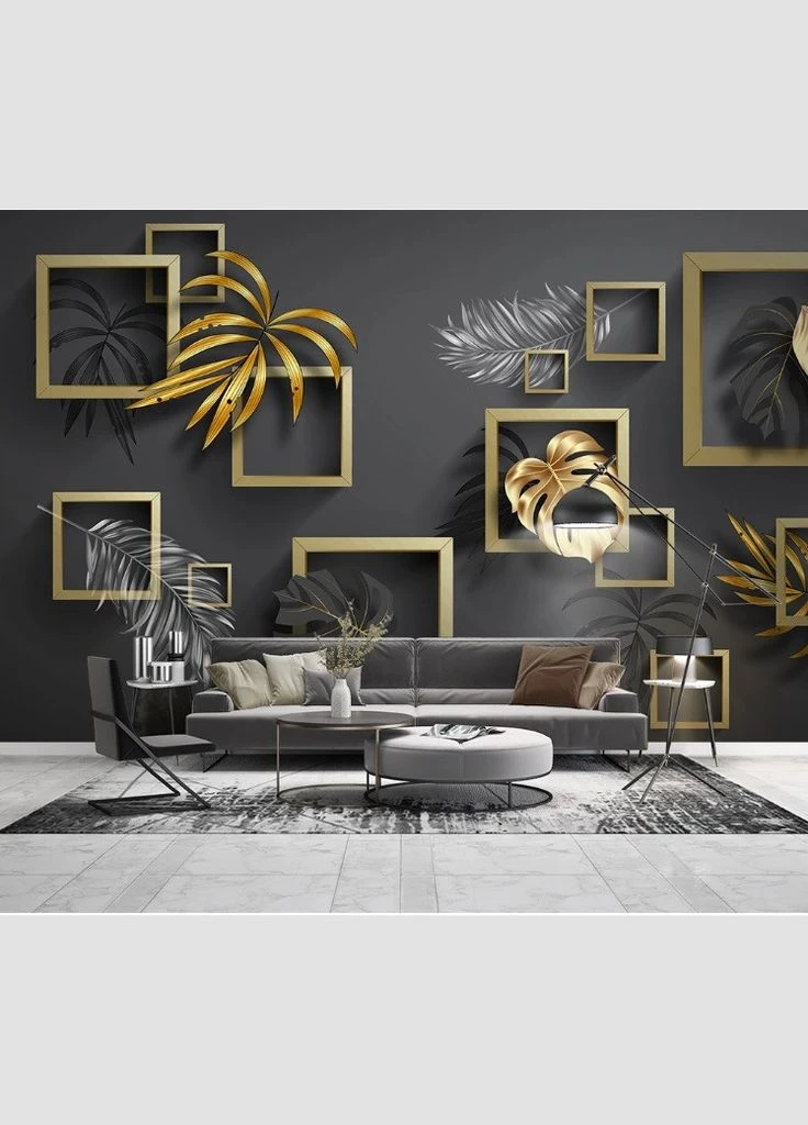 3D фотошпалери "Квадрати та листя" No Brand (316310382)