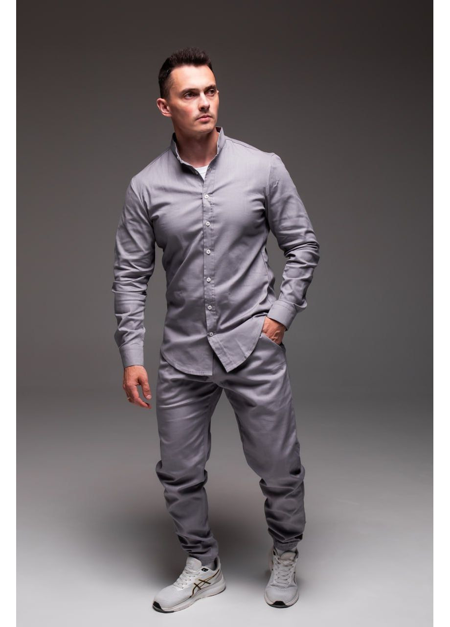 Серый демисезонный мужской льняной комплект (рубашка + штаны) с рубашкой, брючный Vakko