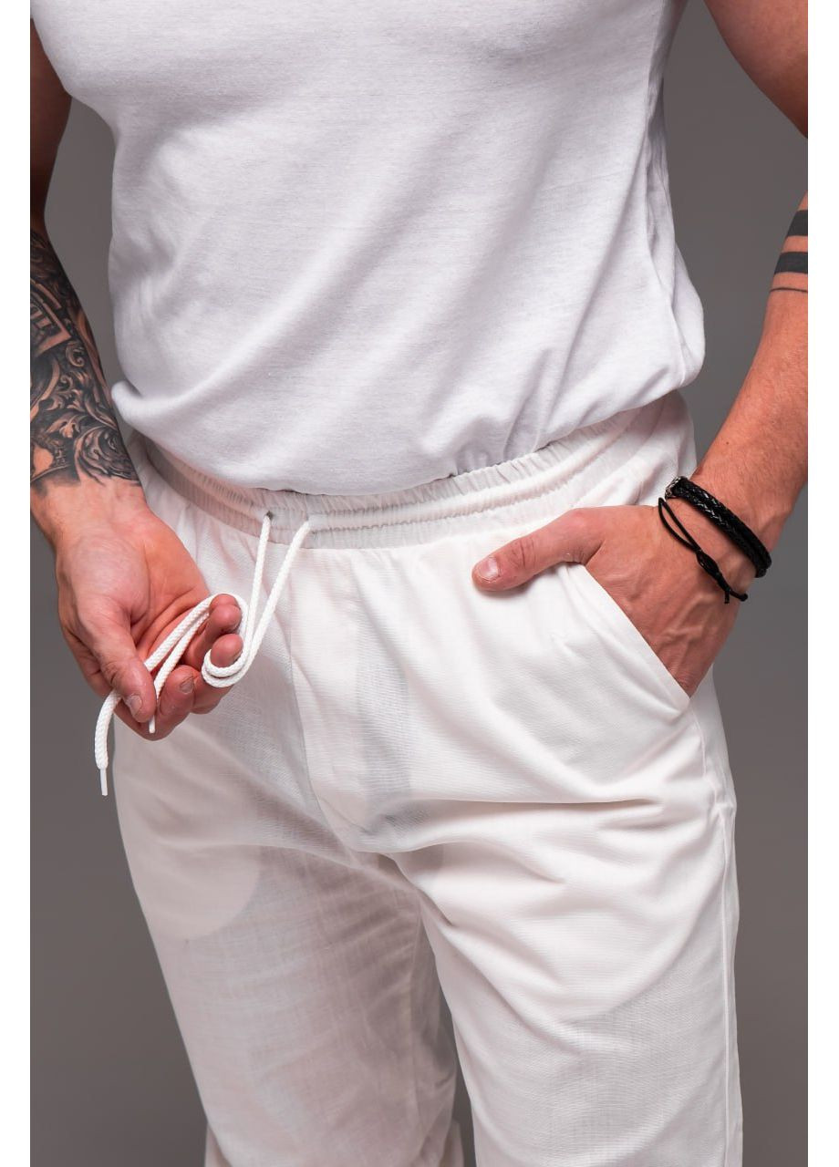 Молочний демісезонний стильний чоловічий костюм з натурального льону з сорочкою, брючний Vakko