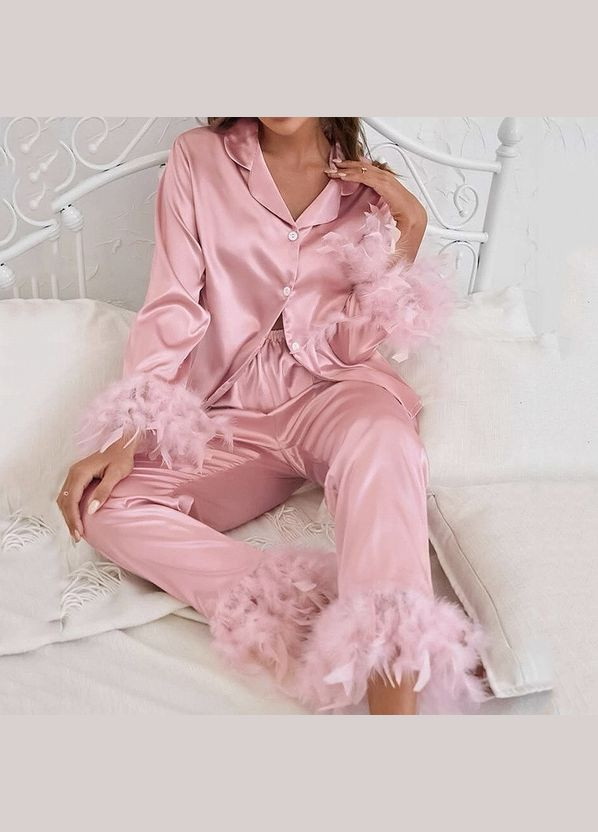 Рожева всесезон жіноча атласна піжама з ґудзиками та знімним пір`ям комплект штани сорочка в класичному стилі чорний сорочка + брюки No Brand Піжама атласна з штанами та декором пір`ям Velessa