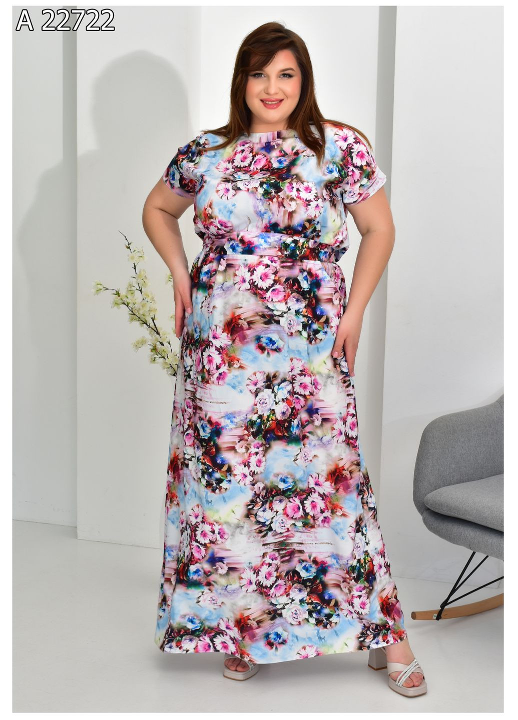 Серо-голубое повседневный женское летнее платье большого размера SK